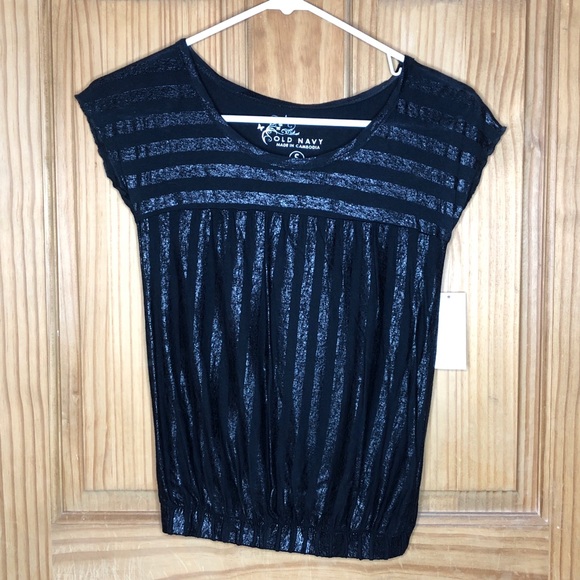 Old Navy Black Shiny Short Sleeve Dressy Top (S) - Picture 1 of 2